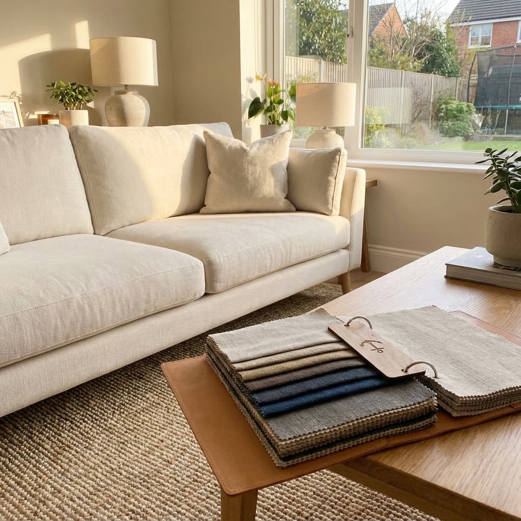 Fabric swatches on a sofa